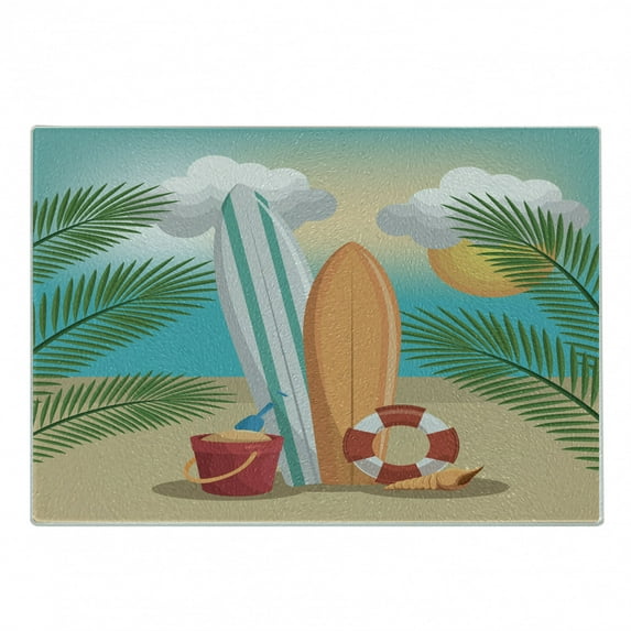 Graphic Beach Cutting Board, Summer Holiday Fun Cartoon with Surf Broads Sand Bucket Buoy and Shell, Decorative Tempered Glass Cutting and Serving Board, in 3 Sizes, by Ambesonne