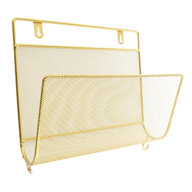 Cesta de fruta de metal para pared, estante para revistas y libros, color dorado