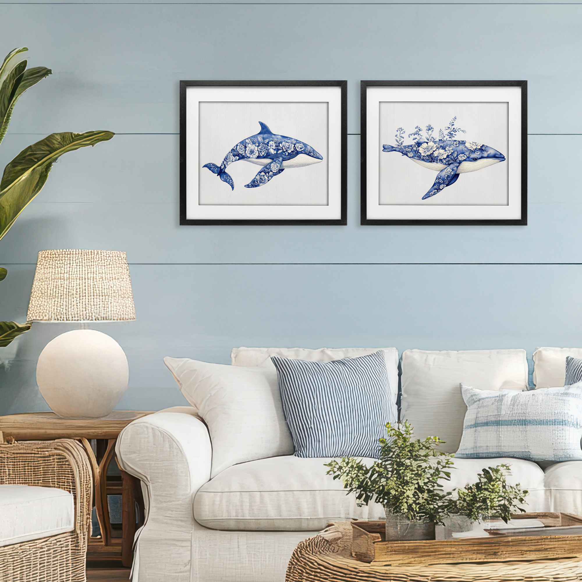 Blooming Toile Pattern Whales 2 Piece Black Framed Print Under Glass Set, design by Lettered and Lined