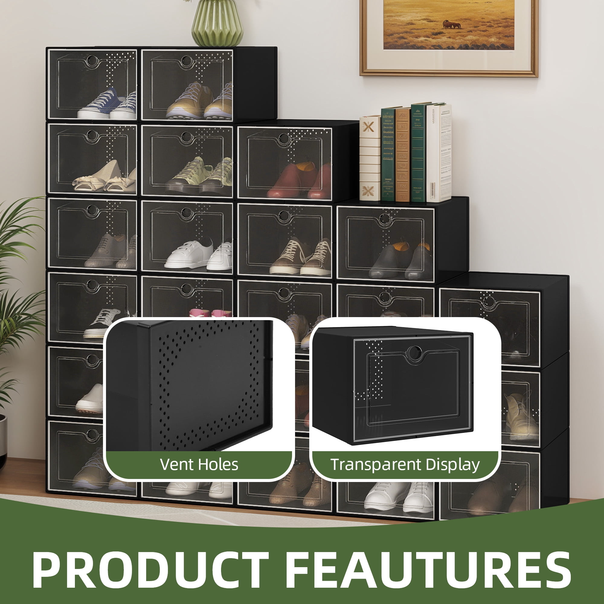 Uforic XL Shoe Storage Box, 24 pack Stackable Plastic Organizer Box for Shoes up to Size 15, Entryway and Hallway, Black