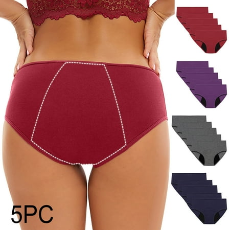 CFLVAEK 5 Piece Period Underwear for Women Plus Size Mid Waisted Leak Proof Briefs Comfy Soft Cotton Underpants 2025 Red XL
