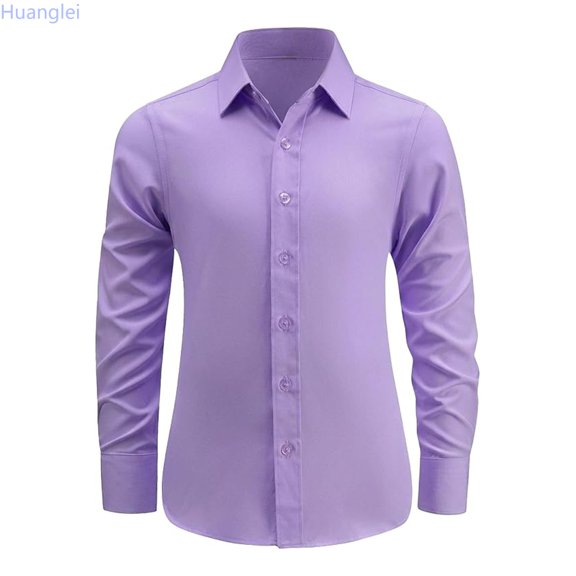 Huanglei Boys Lavender Long Sleeve Button Down Collared Dress Shirt (Purple)