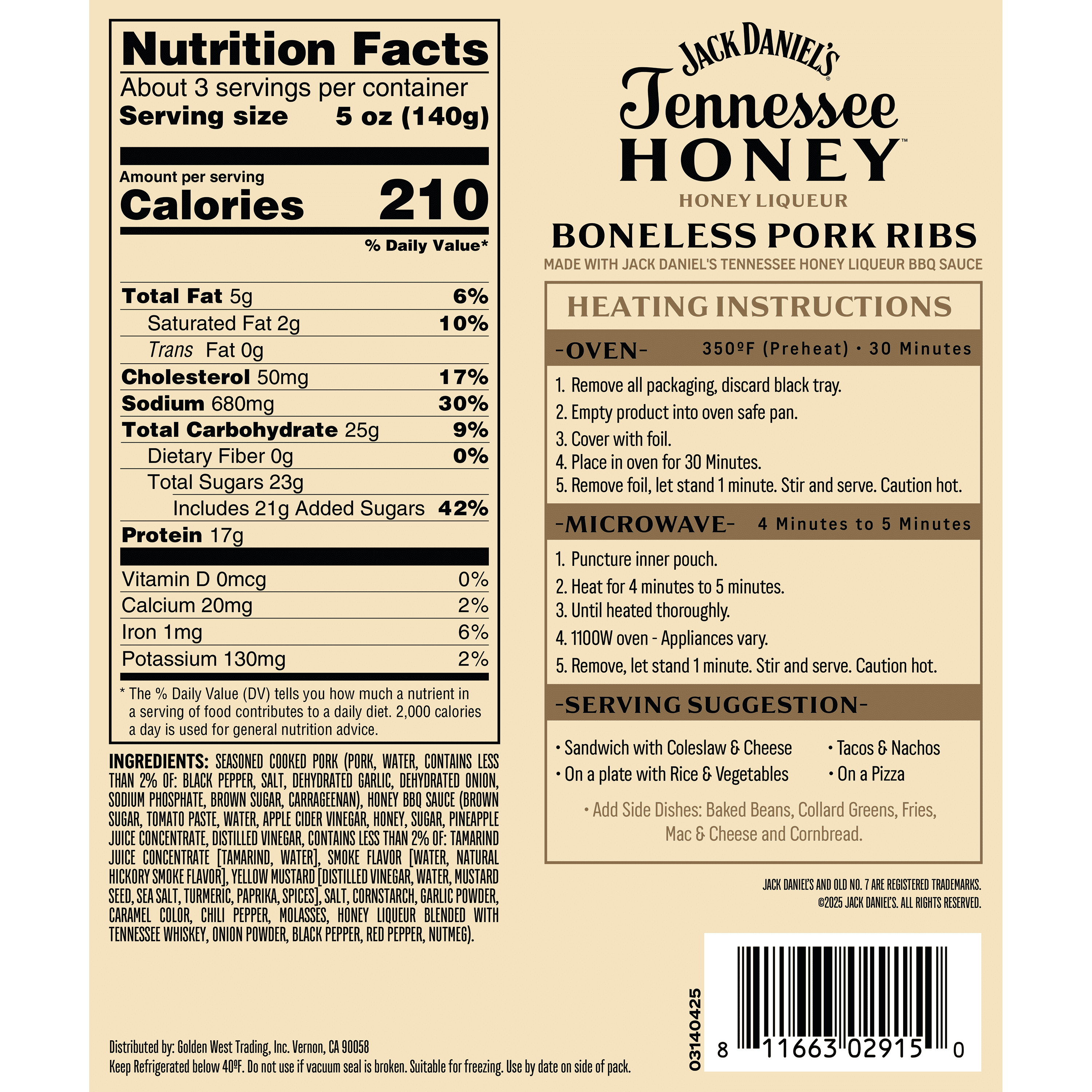 Jack Daniel’s Tennessee Honey Boneless Pork Ribs, Refrigerated Entree, 16 oz