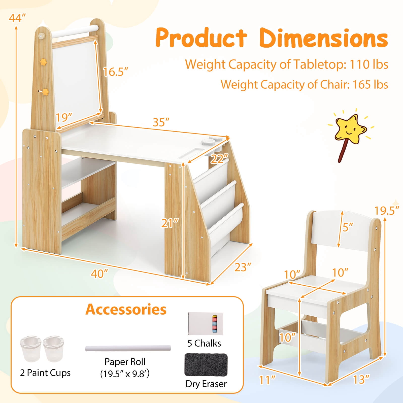 Costway Kids Art Table and Chair Set with Easel & Chair Whiteboard & Chalkboard Paper Roll Natural + White