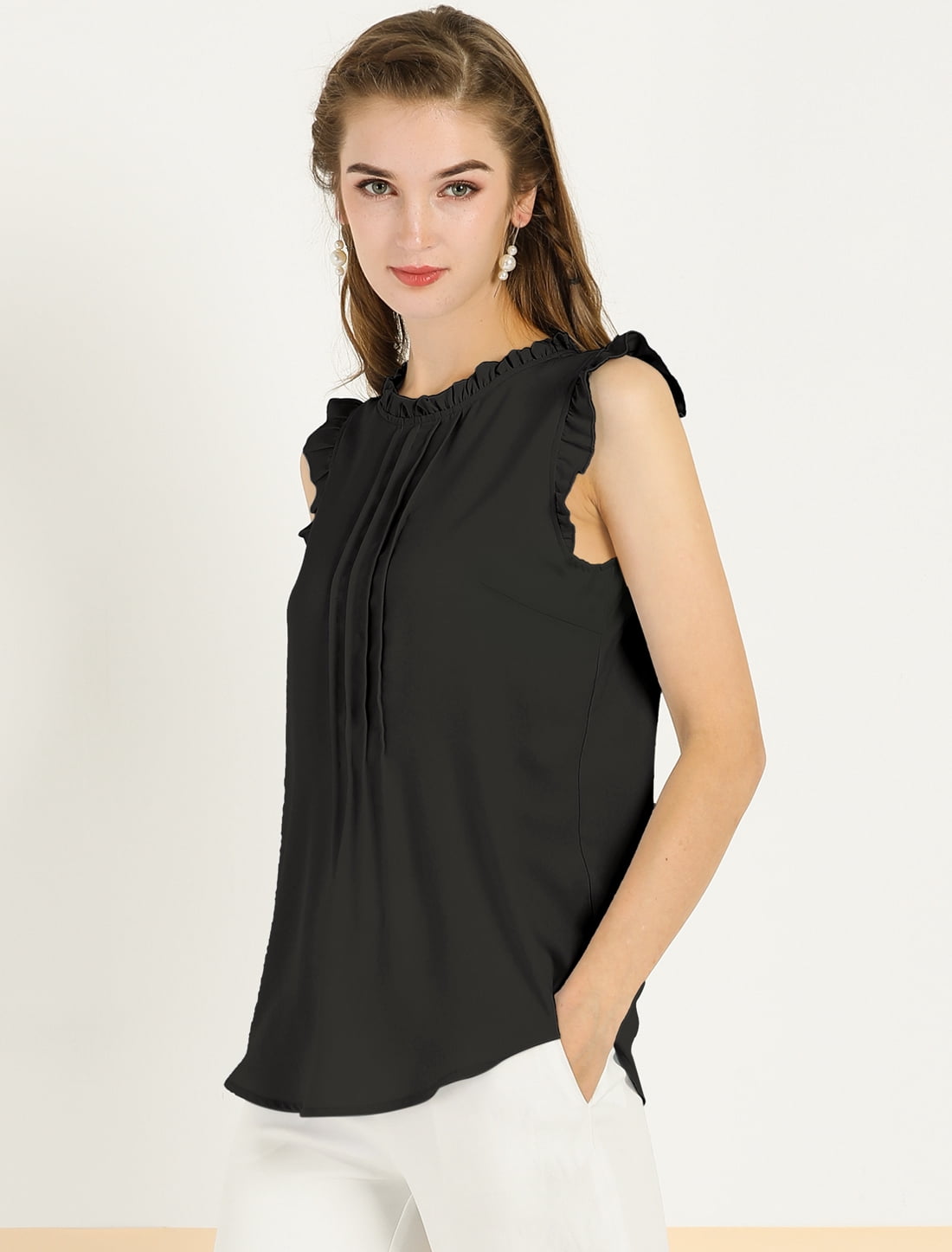 DARING DIVA Ruffled Trim Pleated Plain Blouse Top 3XL Black