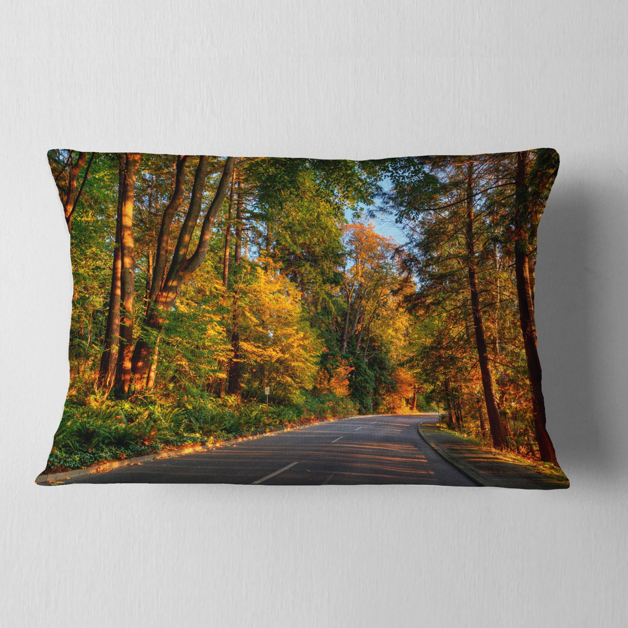 Designart Road through Lit up Fall Forest - Landscape Printed Throw Pillow - 12x20