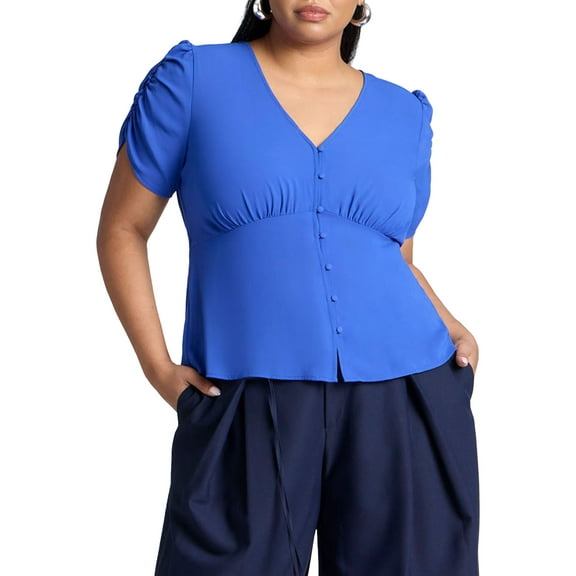 ELOQUII Women's Plus Size Shirred Sleeve Top With Buttons