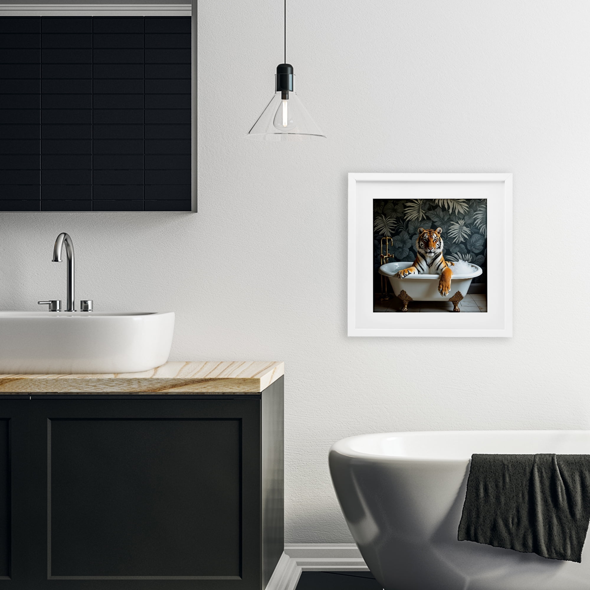 Tiger in Exotic Bubble Bath White Framed Print Under Glass, design by Lettered and Lined