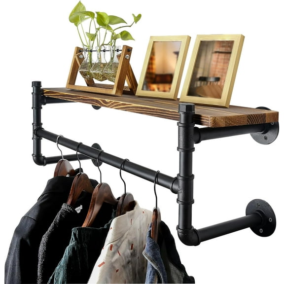 Wall Mounted Clothes Rack with Shelf,24" Industrial Pipe Clothing Rack with Shelves,Heavy Duty Iron Garment Bar,Retail Display Clothes Rod for Laundry Room,Black
