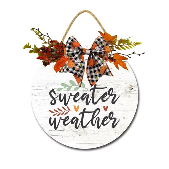 Sweater Weather Door Sign Home Decor Round Wood Wreaths Wall Hanging Sign Farmhouse Porch Sign Front Door Decoration for Housewarming Gift All Seasons Holiday