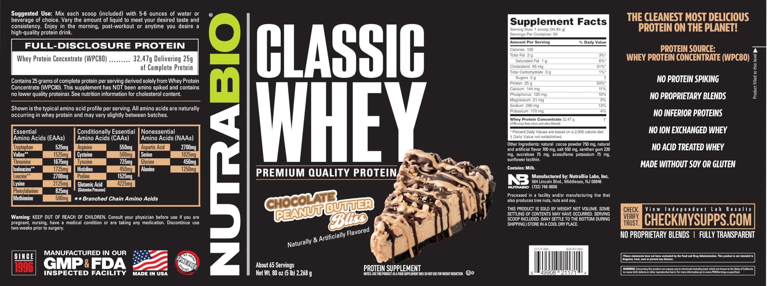 NutraBio Classic Whey Protein Powder- 25G Protein Per Scoop -No Fillers, Artificial Colors, Preservatives - Low Glycemic Index - (Chocolate Peanut Butter, 5 Pounds)