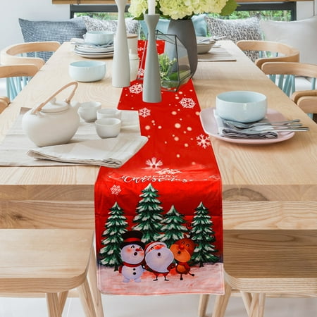 

DTOWER Christmas Table Runner with White Santa Claus Snowman Pattern Red Table Runners Holiday Party Decor Supplies Family Gathering Xmas Theme Decorations