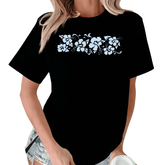 Giffimy Women's Hibiscus Flower Tropical Floral Graphic Short Sleeve T-Shirt S-5XL Cotton Fashion Top