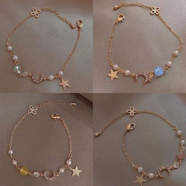 Charm Girl Conjunto de pulsera de estrella y luna de color dorado, moda geométrica simple para mujer, pulseras de cadena de aleación elegantes populares, joyería, juego de 4 piezas ER