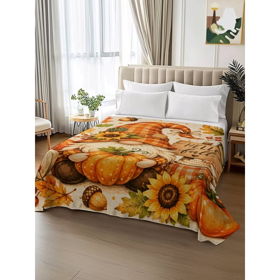 King Size Flat Sheet Only,Hello Fall Gnome Pumpkin Soft Top Bed Sheets Breathable Bedding Sheet Thanksgiving Maple Leaves Burlap Microfiber Hotel Luxury Top Sheets