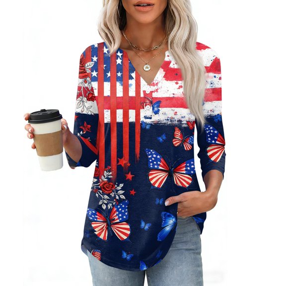 4Th of July Shirts Women 3/4 Sleeve Henley neck Cute Shirts Casual Print Three Quarter Length T Shirt