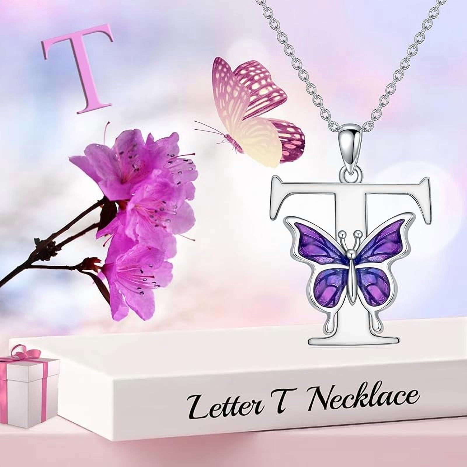 AOBOCO Initial Necklace for Women 925 Sterling Silver Purple Butterfly with A-Z 26 Letters Pendant Necklace for Graduation Gifts