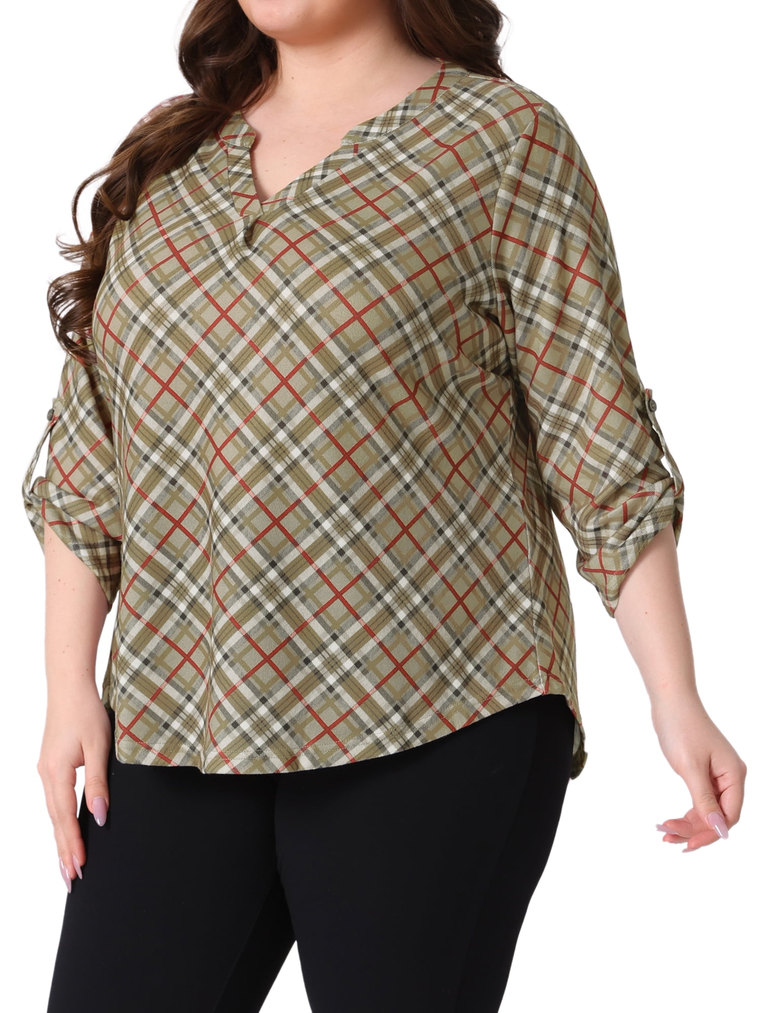 DARING DIVA Women's Plus Long Sleeve V Neck Casual Plaid Blouse 4X Khaki