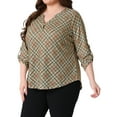 thumbnail image 2 of DARING DIVA Women's Plus Long Sleeve V Neck Casual Plaid Blouse 1X Khaki, 2 of 6