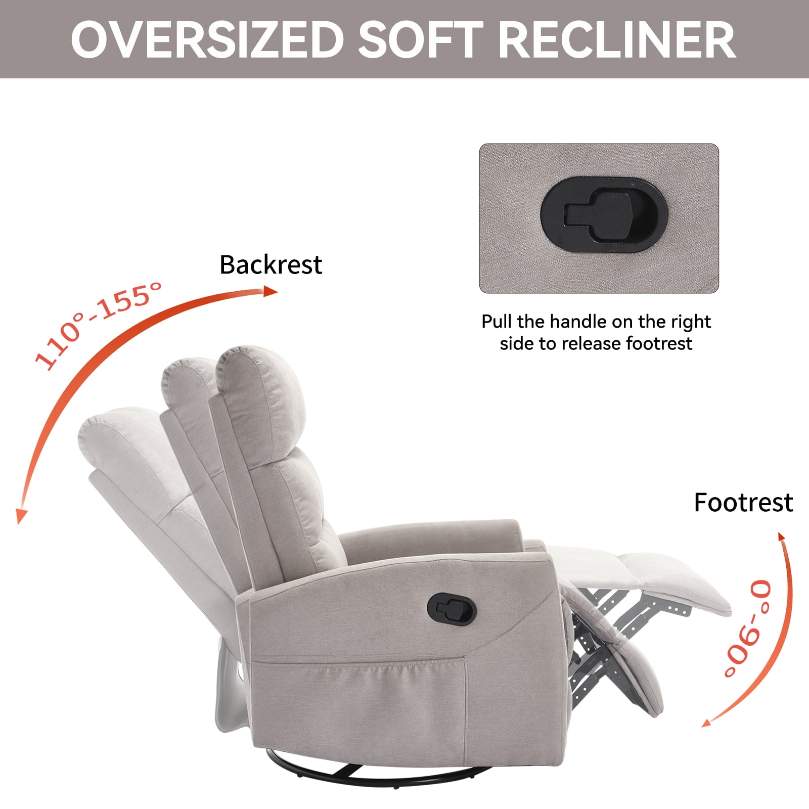 GAKMCIL 360 degree Swivel Manual Recliner Rocking Chair in Fabric with Rocker and Side Pocke, Maximum inclination 155 degrees, Max load 400lb for Living Room, Bedroom, Home Theater, Gift (Light Gray)