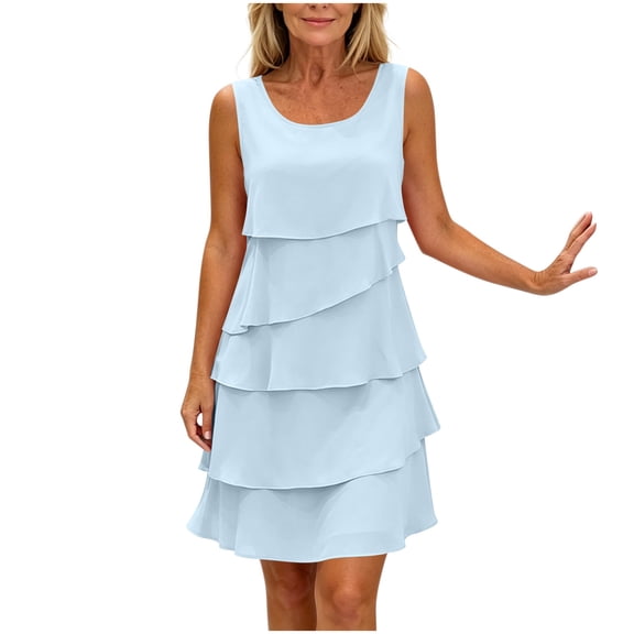 Levmjia Women's Summer Sleeveless Dress Casual Round Neck Tiered Ruffle Mini Dress A Line Flounce Hem Solid Color Loose Fit Beach Vacation Daily Sundress