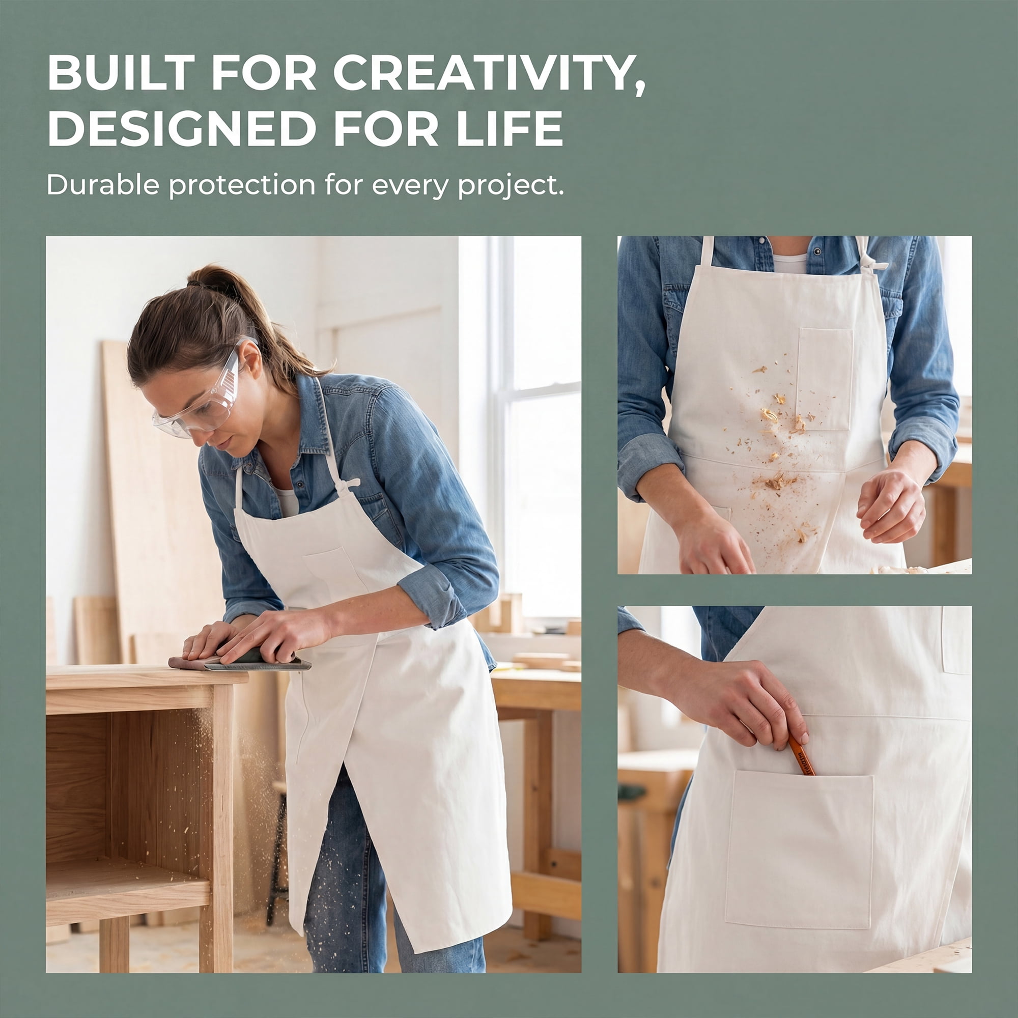 Unique Bargains Farmhouse Durable Cotton Apron with Pockets 32.4x31.9in Khaki Beige
