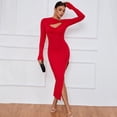 thumbnail image 4 of Women's Cut Out Front Split Thigh Long Sleeve Knit Bodycon Dress Evening Gowns with Side Slit, 4 of 5