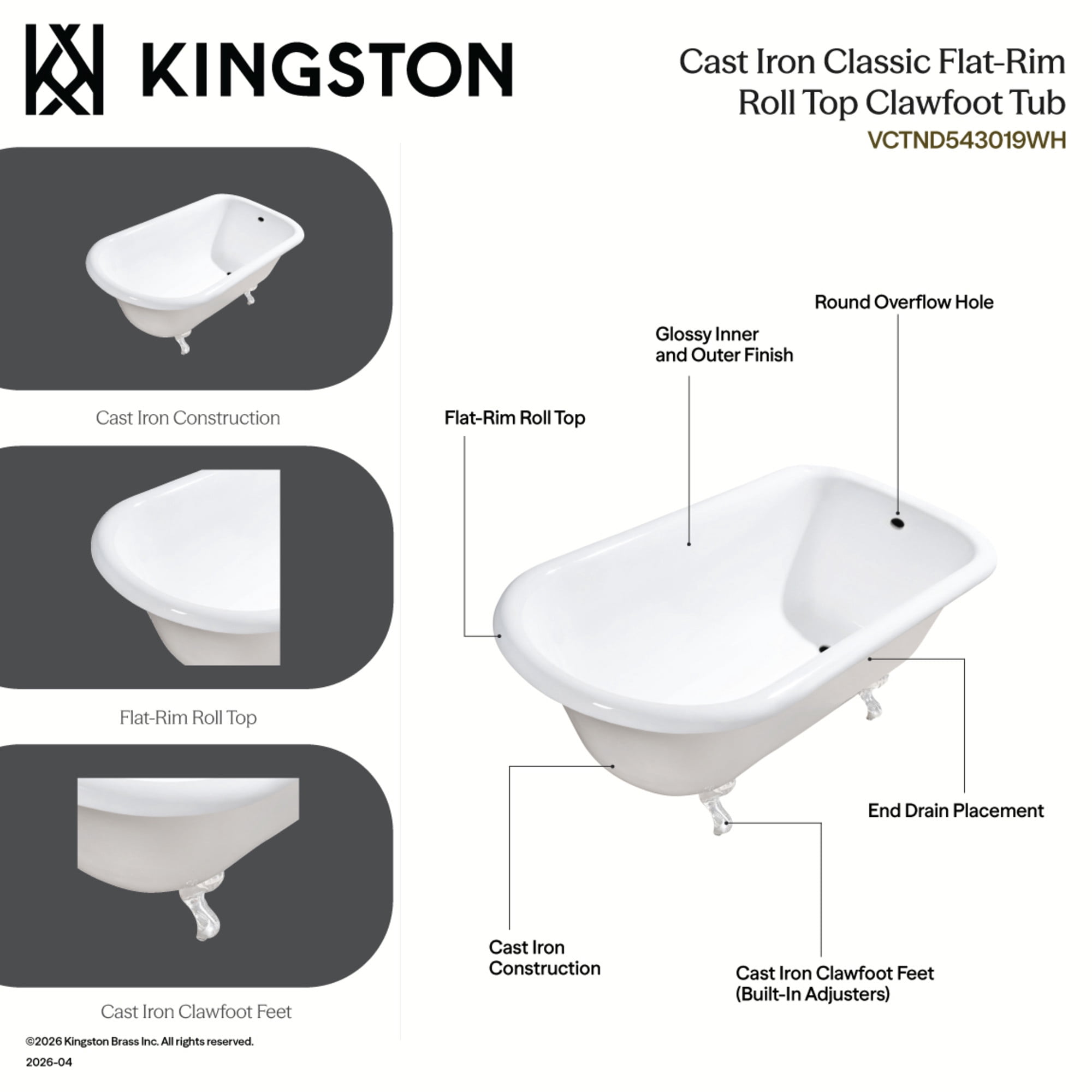 Aqua Eden VCTND543019W6 54-Inch Cast Iron Classic Flat-Rim Roll Top Clawfoot Tub (No Faucet Drillings) in White/Polished Nickel
