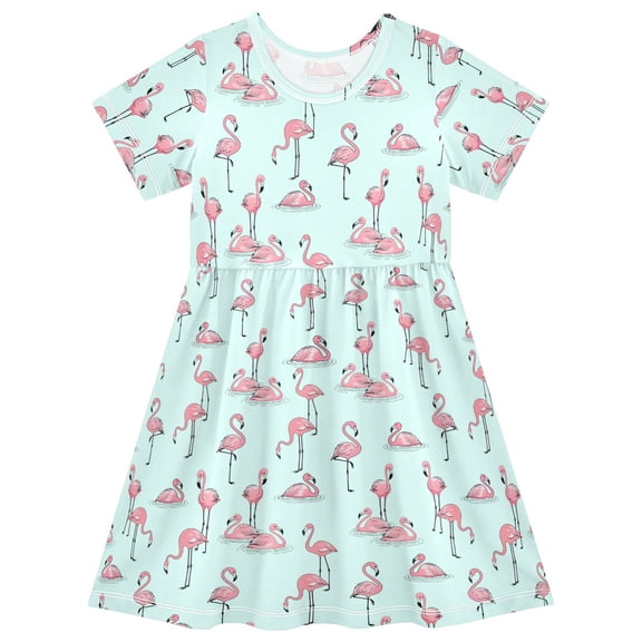 joogoo Tropical Flamingo Swimming Girls' Short Sleeve Dress Kids Dresses 5-6T