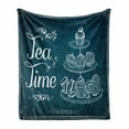 thumbnail image 1 of Tea Soft Flannel Fleece Throw Blanket, Pastries Bakery Cookies Muffin Cake Biscuit Morning Brunch Menu, Cozy Plush for Indoor and Outdoor Use, 50" x 70", Petrol Blue and White, by Ambesonne, 1 of 6
