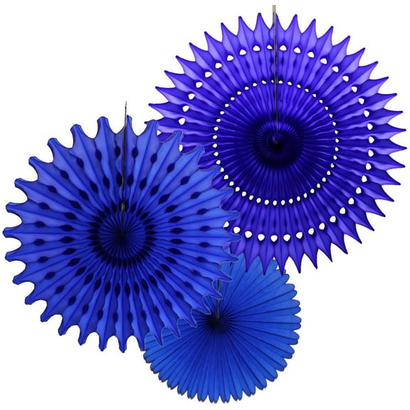 Hanging Dark Blue Tissue Fan Decorations, Set of 3 (21 inch, 18 inch, 13 inch) by Devra Party
