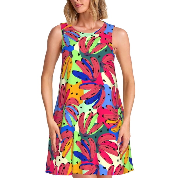 Balery Colorful Bananas Vestidos de verano para mujer con estampado: vestido holgado sin mangas, vestido playero informal y cómodo para días calurosos.