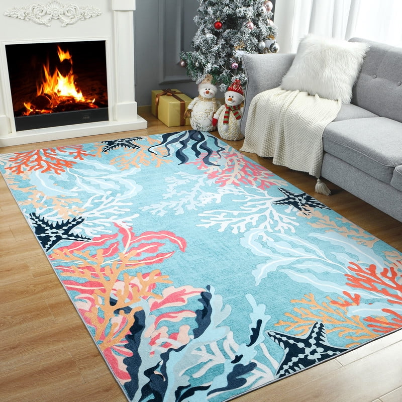 TWINNIS Area Rugs Floral Boho Rug Floor Carpet for Living Room Bedroom,6'x9',Blue