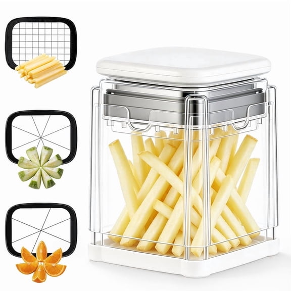 SUSLAS French Fry Cutter for Potatoes, Vegetable Dicer with 3 interchangeable Blades and Cleaning Brush, Black & White