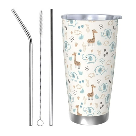 

KLL Elephants And Giraffes Print 40oz Stainless Steel Insulated Car Cup with Spillproof Lid - Keep Your Drink Hot or Cold on the Go-Straw Three-piece Set