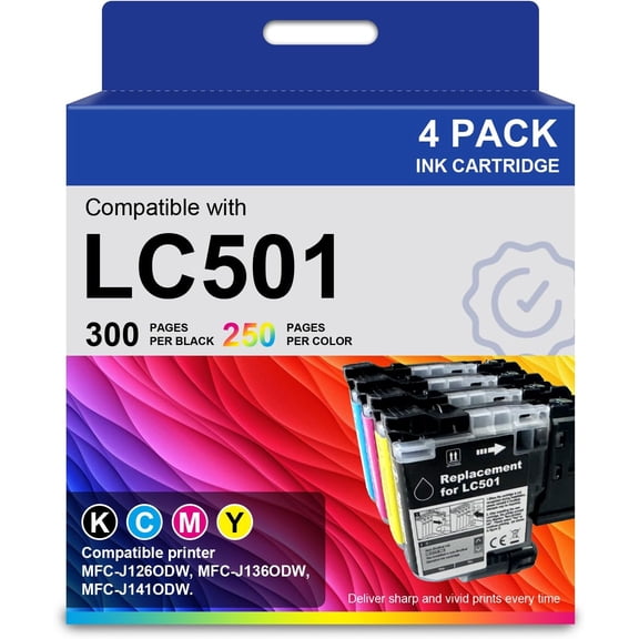 LC501XL LC501 Ink Cartridges Compatible for Brother LC501 Ink Cartridge use for Brother MFC-J1360DW MFC-J1410DW MFC-J1260W Printer,(4 Pack, Black Magenta Yellow Cyan)