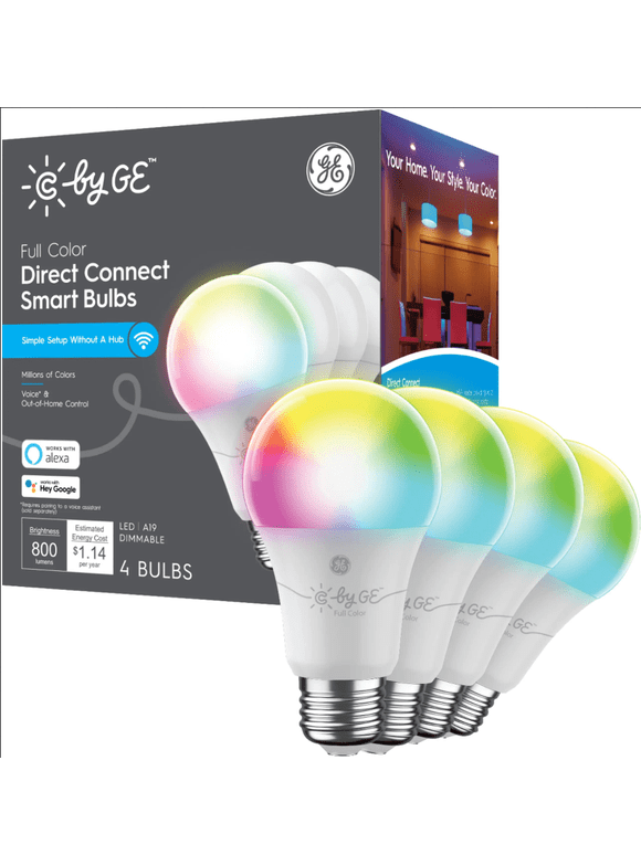 C by GE Full Color Direct Connect Smart LED Bulbs (4 A19 Color Changing Light Bulbs), 60W Replacement, 4-Pack, Bluetooth/Wi-Fi Light Bulb, Smart Light Bulb Works With Alexa + Google Home without Hub