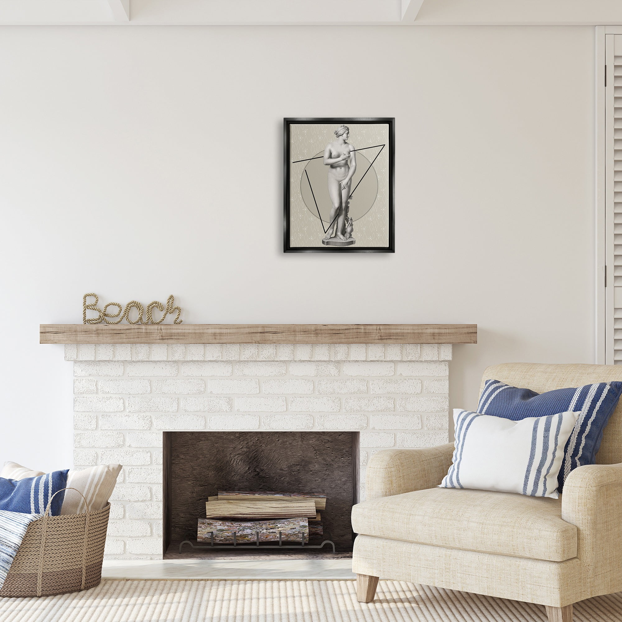 Stupell Industries Classic Statue on Geometric Abstract Painting Black Floater Framed Canvas Art Print Wall Art, 17 x 21