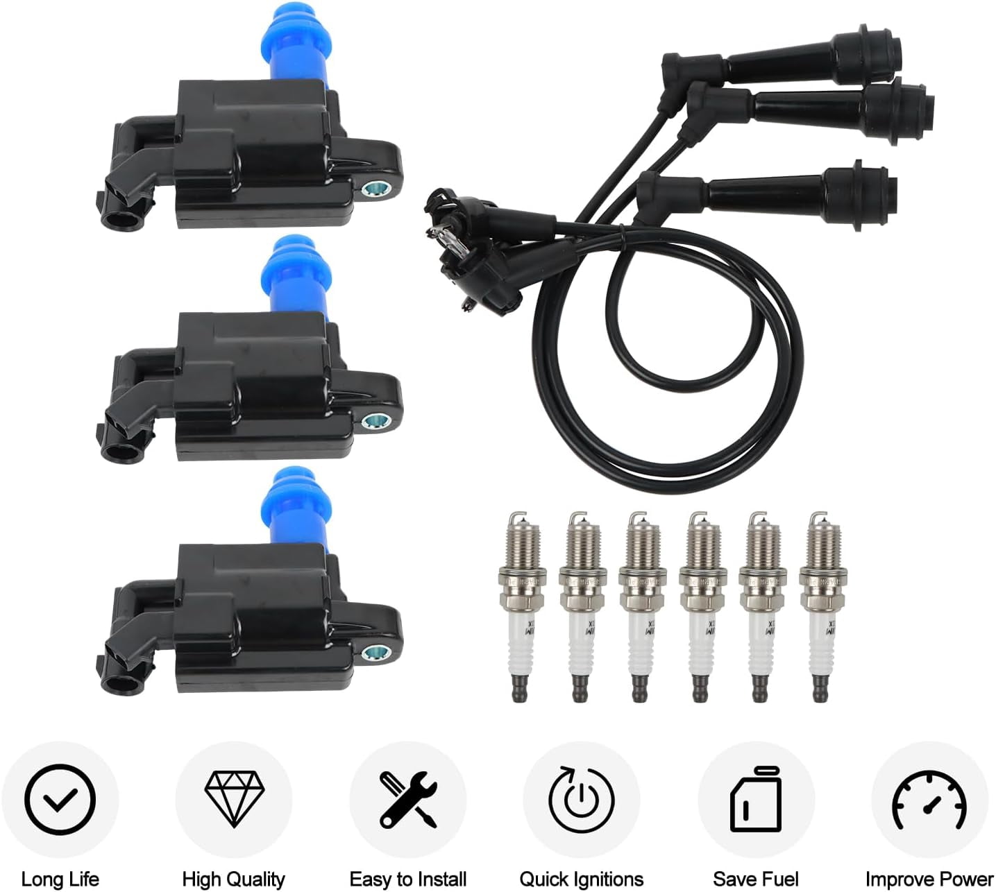 POLARPRA 3PCS UF228 Ignition Coils Pack & 6PCS 7092 Iridium Spark Plugs & 3PCS Spark Plug Wires Set Compatible with Lexus GS300 IS300 2001-2005 & for Toyota Supra 1998 L6 3.0L Replace#9091902216