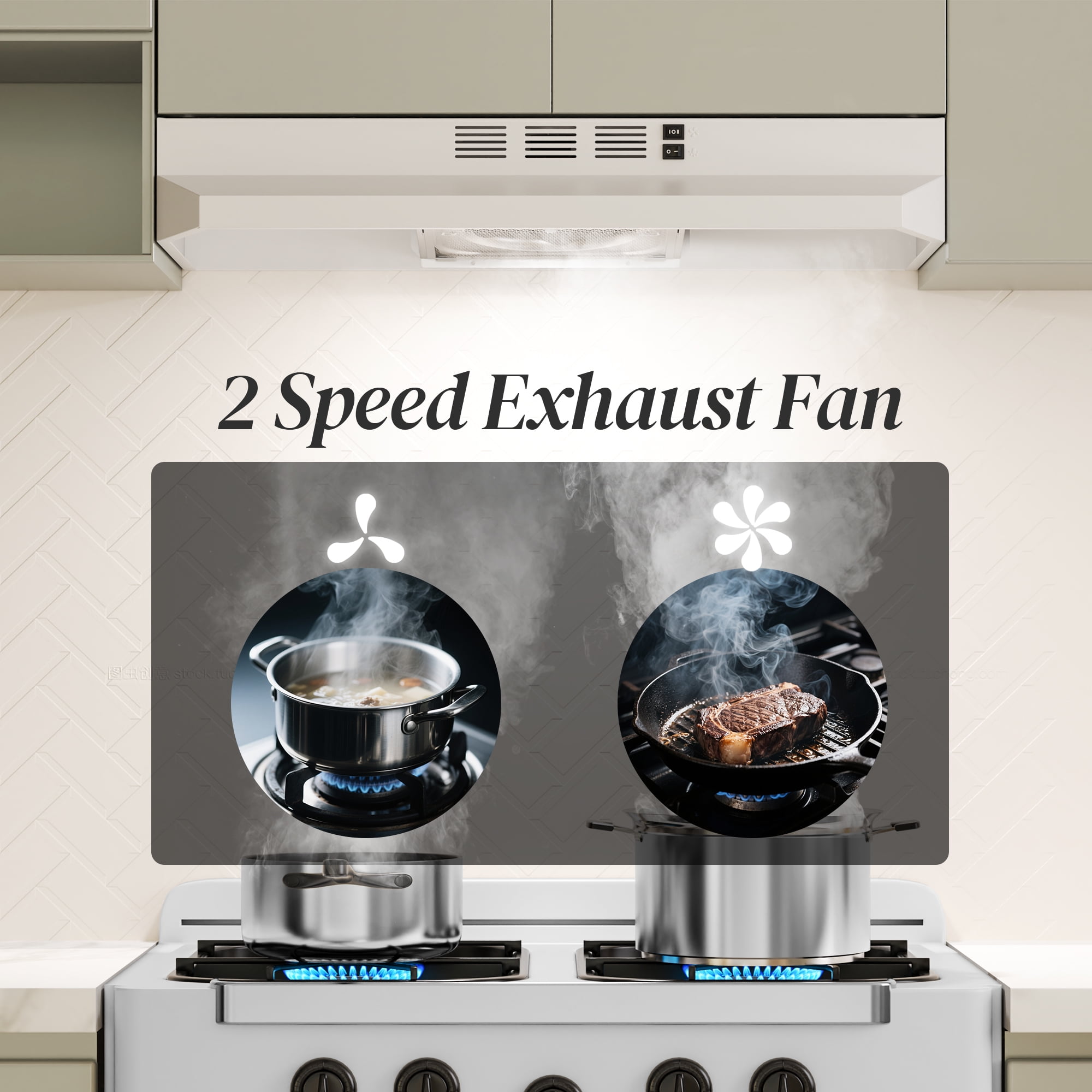 FIREGAS Range Hood 30 inch Under Cabinet Range Hood with 2 Speed Exhaust Fan, 290 CFM,Multi-Layers Aluminum Filter Included,White