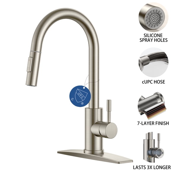 TVOFEK Kitchen Faucet with Pull Down Sprayer, Brushed Nickel Kitchen Sink Faucets High Arc Modern for 1 or 3 Holes with Deck Plate for RV Farmhouse Laundry