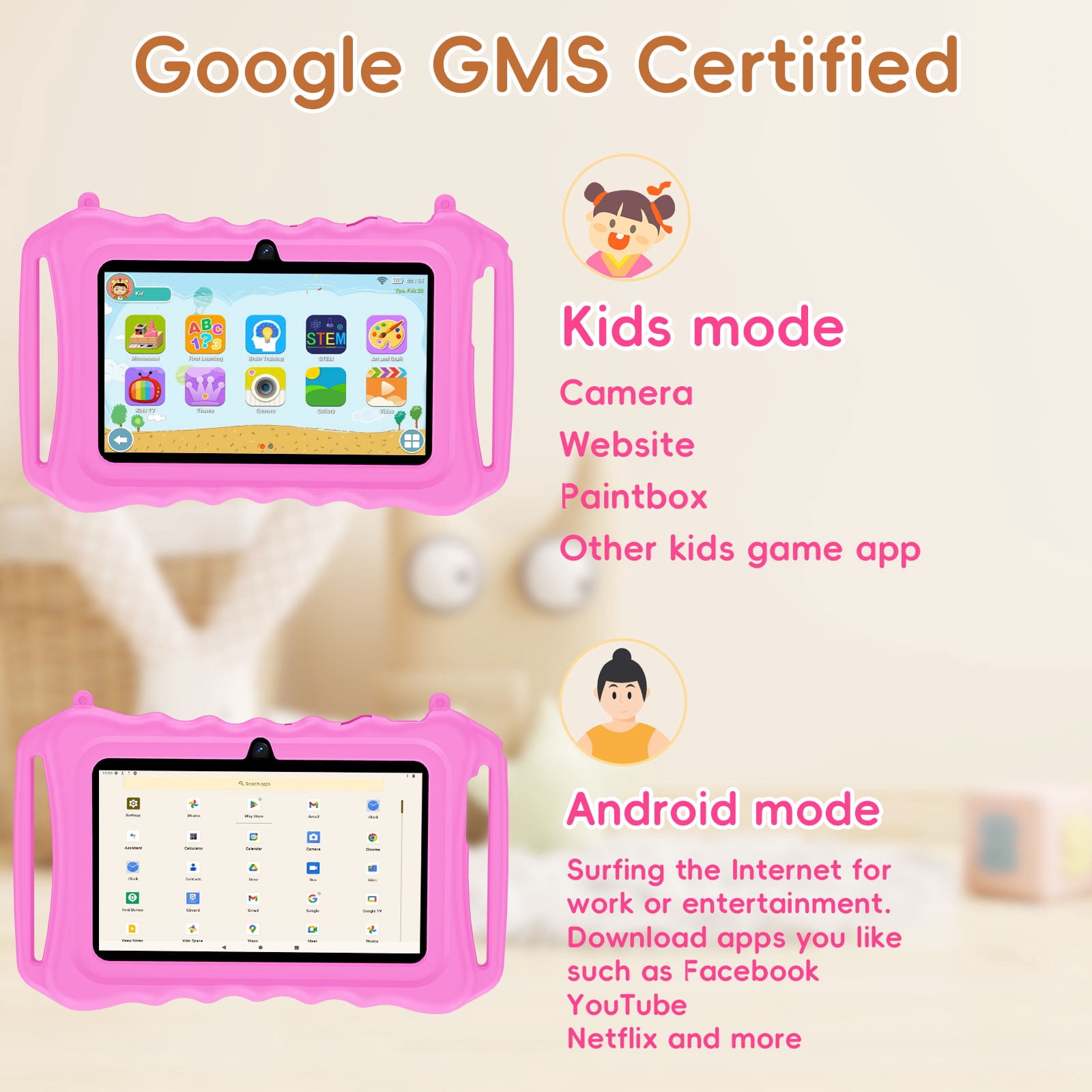 Kids Tablet, 7 inch Android 11 Tablet for Kids, 6(2+4) GB RAM 32GB ROM, Toddler Tablet with Bluetooth, GPS,WiFi,Parental Control, Dual Camera,Shockproof Case,Kids App Pre-Installed
