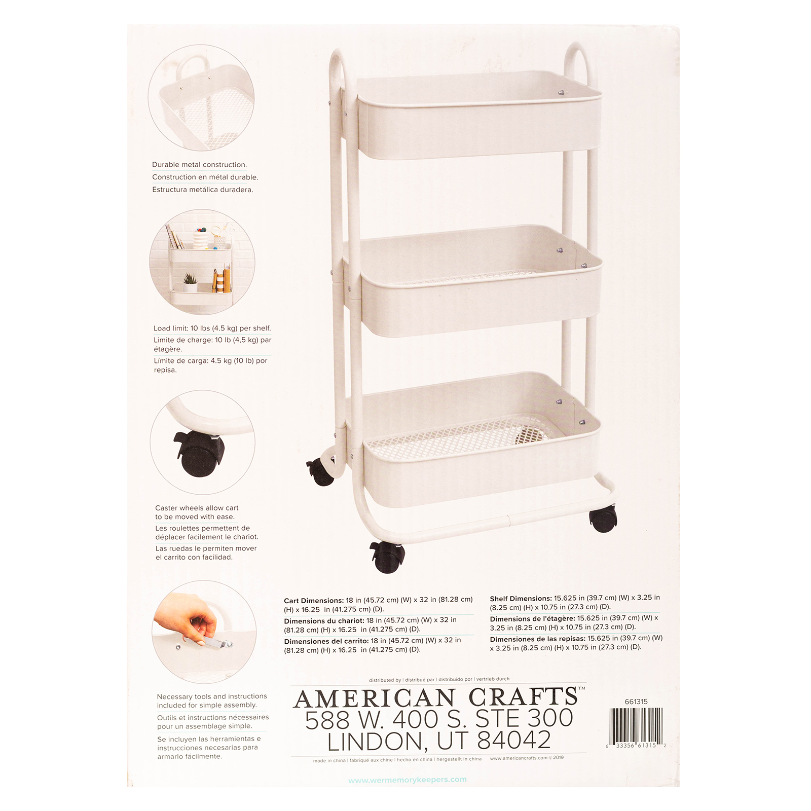 3-Tier Steel Rolling Storage Cart, 36 1/2" x 17" x 17", With Handles, Off White - image 4 of 4