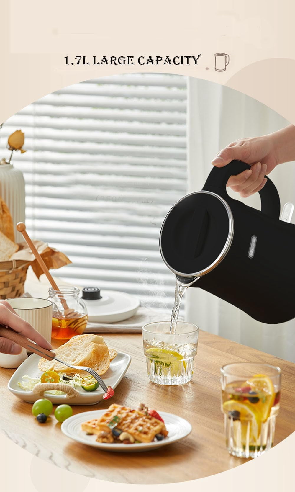 Bear Electric Kettle, Tea Kettle,1.7L, Fast boiling with 304 S/S Inner pot and lid, Auto Shut Off and Boil Dry Protection, 1500W, Black