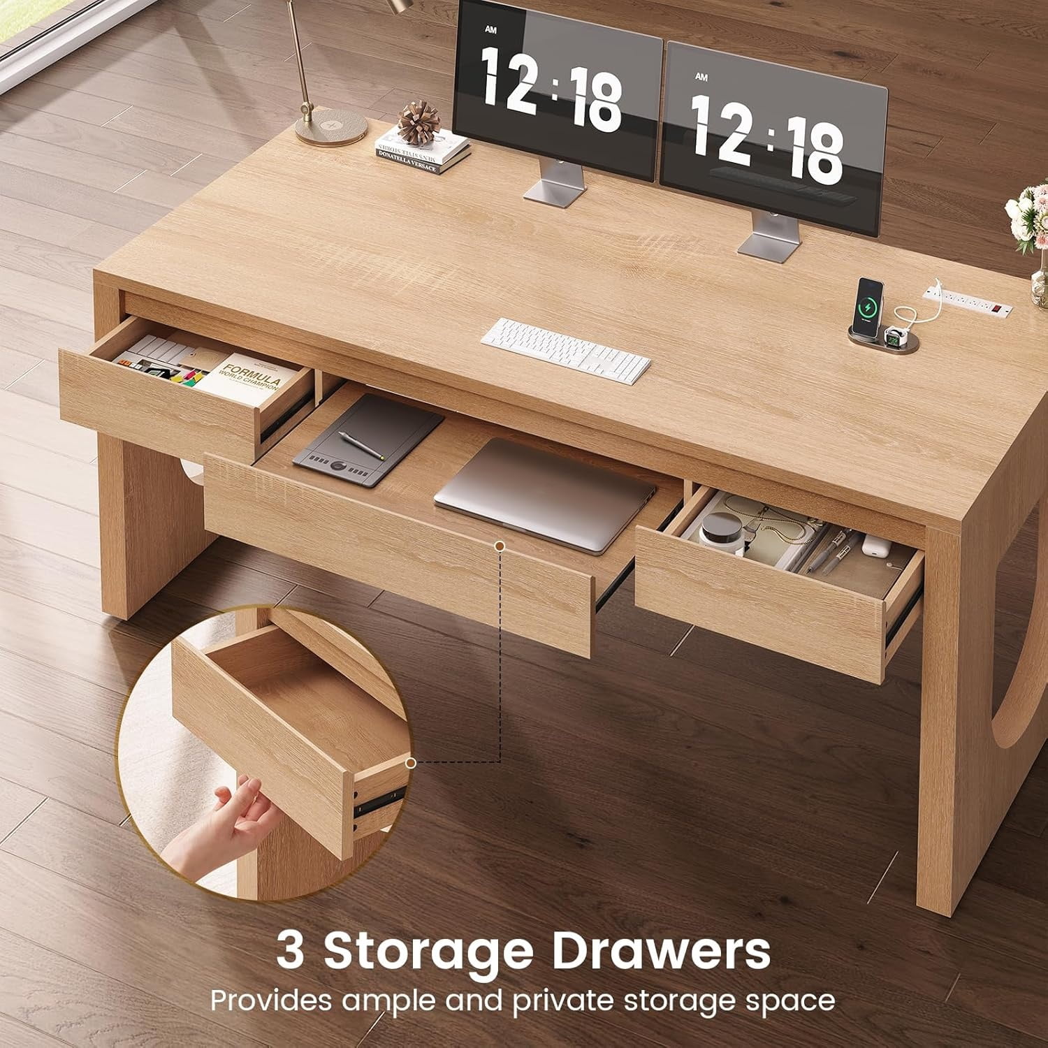 SEDETA Modern Office Desk with 3 Drawers, 55" Executive Desk with U-Shaped Legs, Wood Computer Desk with Power Outlet, Home Office Desks with Relief Texture, Natrual