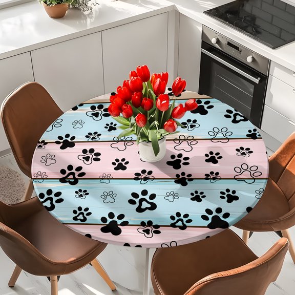 Pink Blue Paw Print Elastic Fitted Round Tablecloth Vintage Farmhouse Wooden Grain Waterproof Outdoor Table Cover for Holiday Party, Picnic, Patio & Dining Fits Tables Up to 55"-60"