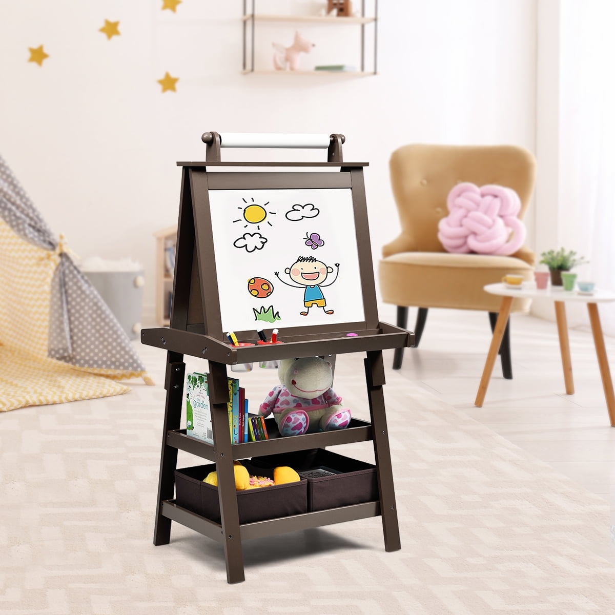 Infans 3 in 1 Double-Sided Storage Art Easel w/ Paint Cups for Toddlers Writing Coffee