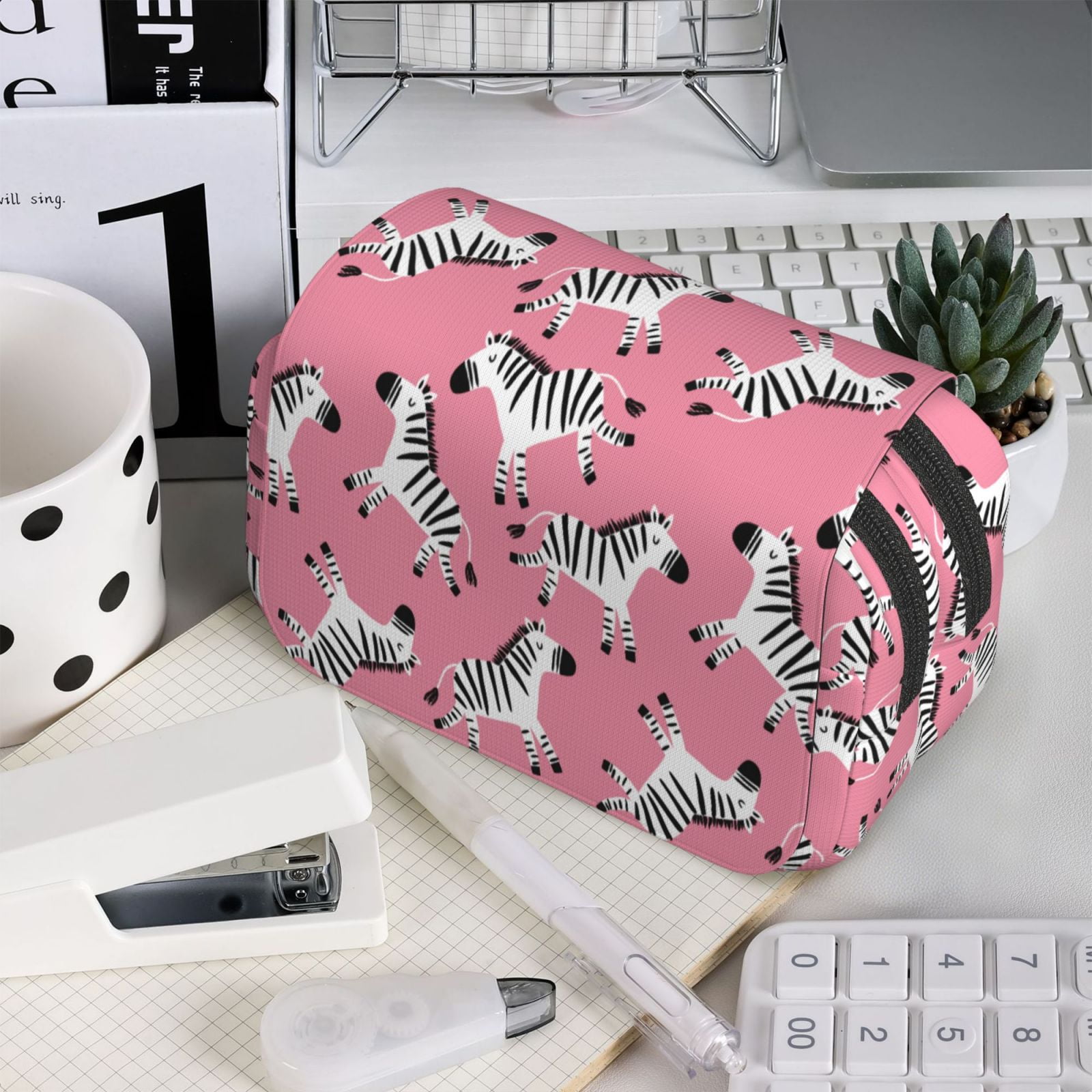 Rateoe Cute Cartoon Zebra Pattern Double Clamshell Pen Case, Storage Organizer with Two Zipper Compartments– Holds Up to 50 Pencils & Pens