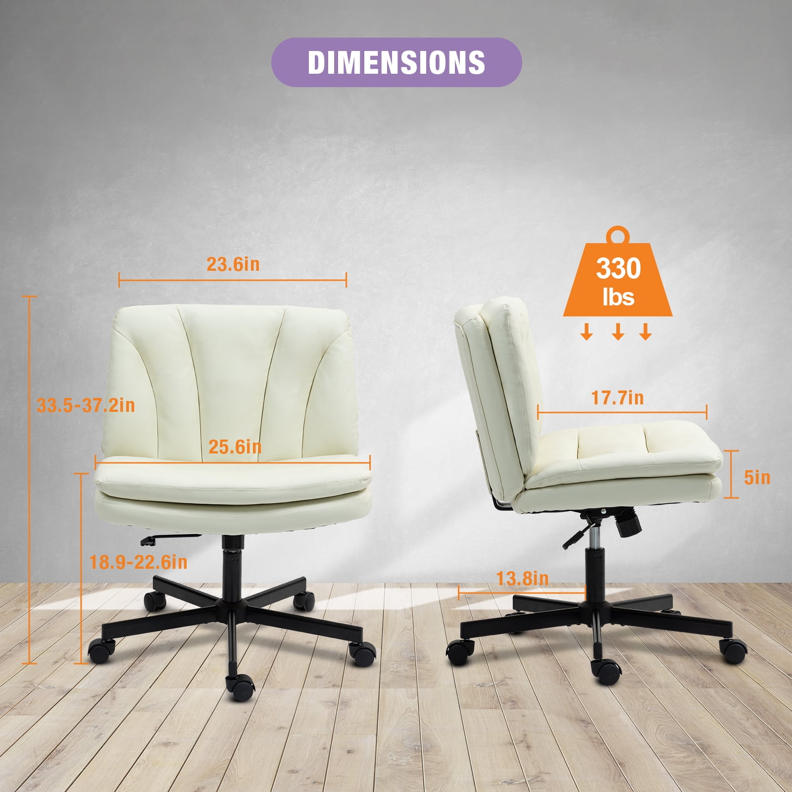 Criss Cross Legged Chair Ergonomic Home Office Desk Chair with Casters, Armless Wide Comfy Computer Task Seat Swivel Rolling Vanity Chair with Height Adjustable and Rocking Function, Beige