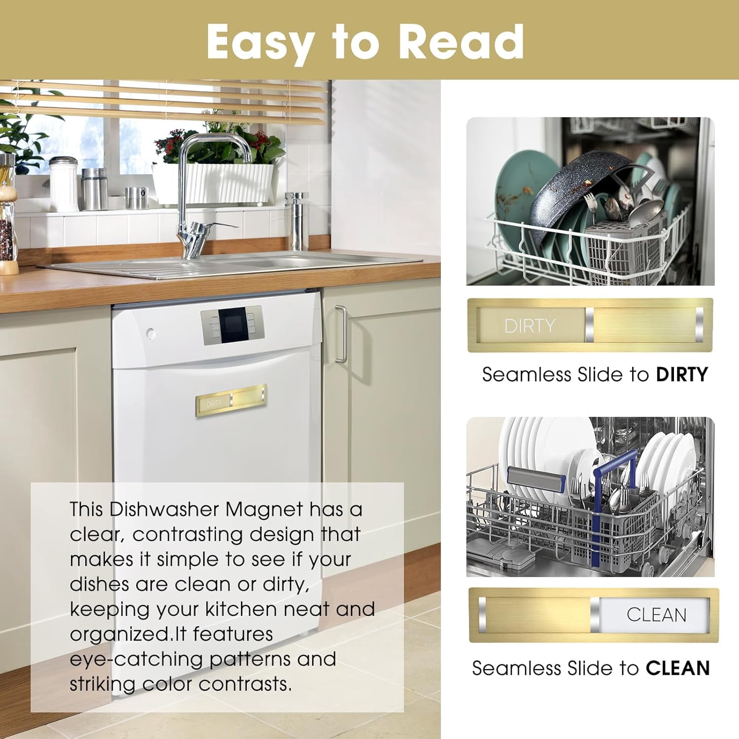 Dishwasher Magnet Clean Dirty Sign,Premium Stainless Steel Grade 304,Matte Finish Clean/Dirty Indicator with Strong Magnet, Home Kitchen Decor & Thoughtful Gift for Friends​(Golden-03)